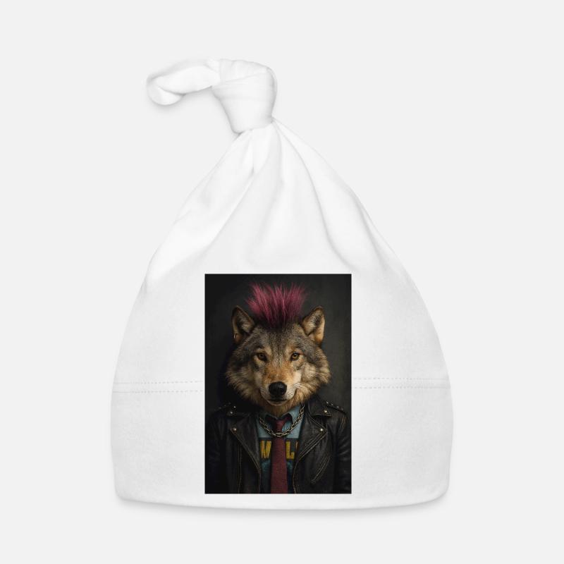 Wolf's Punk Mohawk Leather Jacket - Organic Baby Cap - white