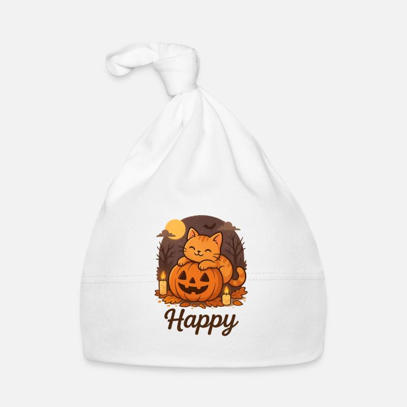 Chat brun d’Halloween – Happy - Bonnet bio Bébé - blanc