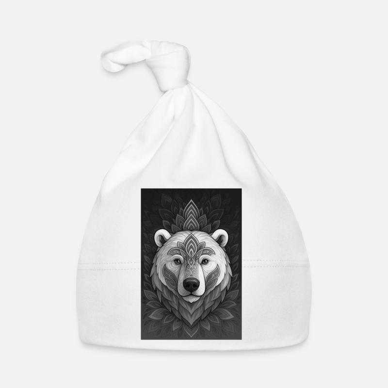 Mandala géométrique de tête d’ours - Bonnet bio Bébé - blanc