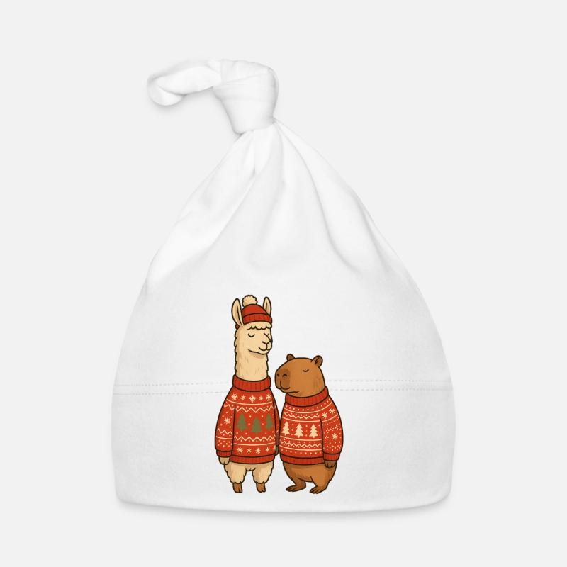 Duo de pulls de Noël Lama et Cabibara - Bonnet bio Bébé - blanc