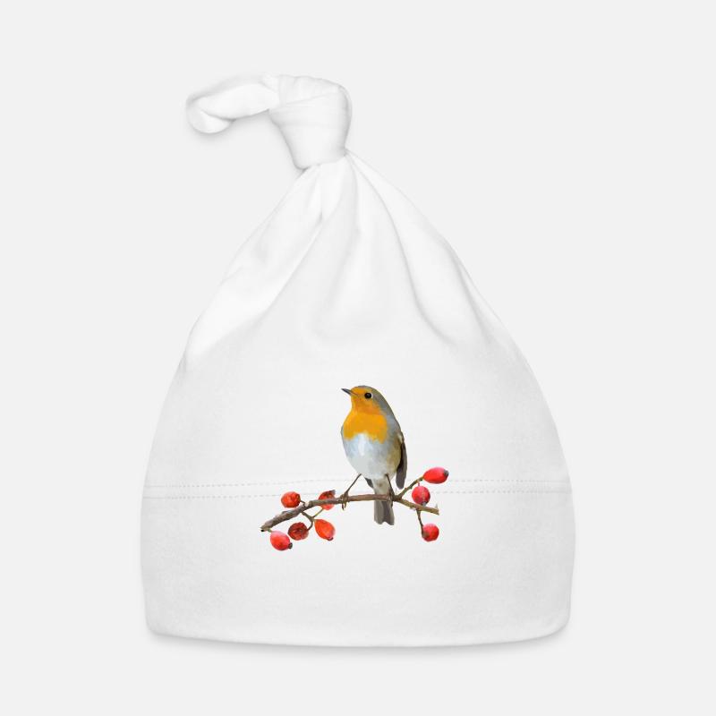 Rouge-gorge sur la branche avec des baies rouges - Bonnet bio Bébé - blanc