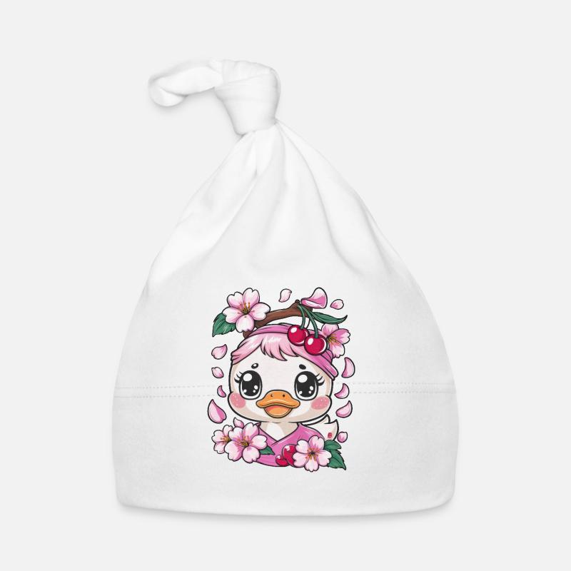 Duckling with cherries and sakura cherry blossoms Organic Baby Cap
