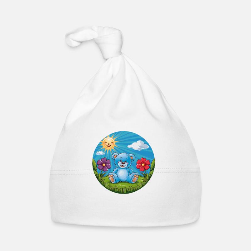 Cute blue teddy bear in the garden sun and clouds Organic Baby Cap