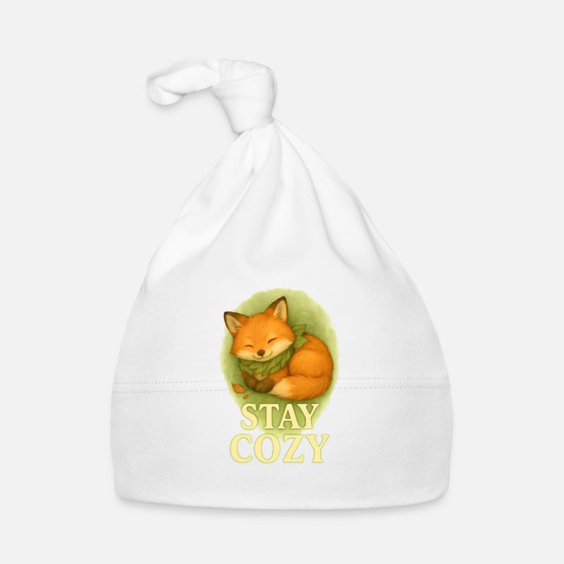 Stay Cozy – Cute Baby Fox with Leaf Scarf Organic Baby Cap