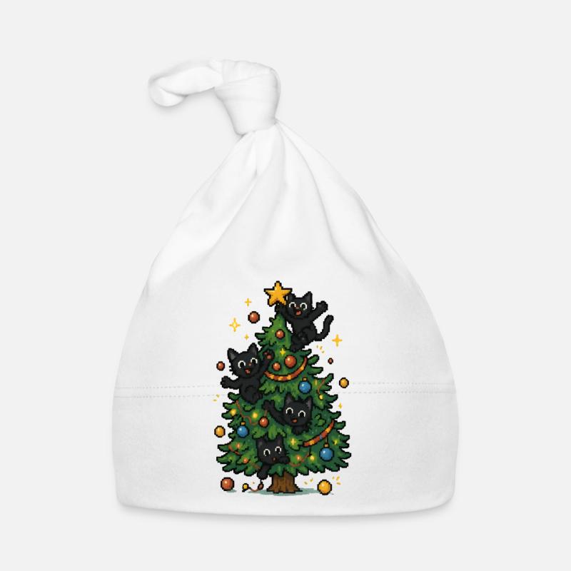 Weihnachtsbaum mit frechen Katzen - Baby Bio-Mütze - Weiß