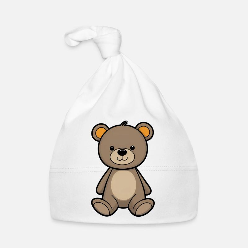 Cuddly Bear Illustration Velvet Brown Organic Baby Cap