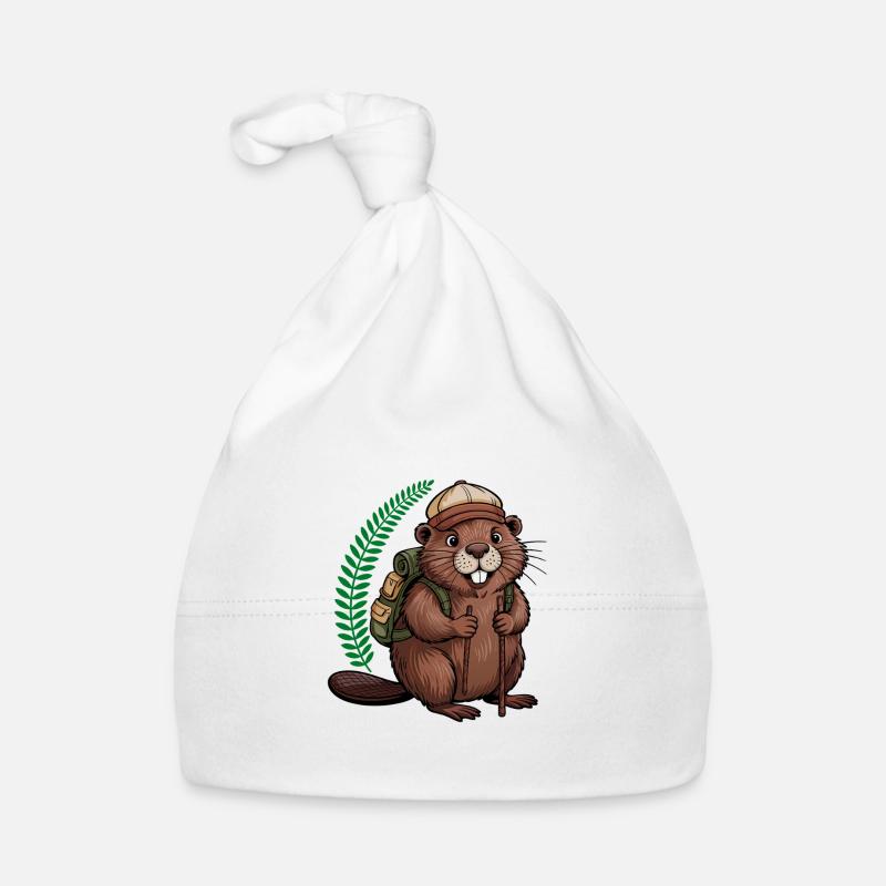 Lustiger Biber mit Wanderstöcken und Rucksack Baby Bio-Mütze