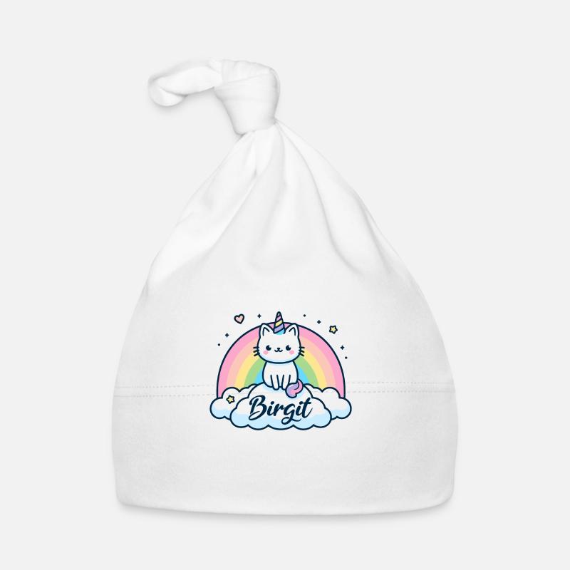 Birgit Nom Prénom Licorne Chat - Bonnet bio Bébé - blanc