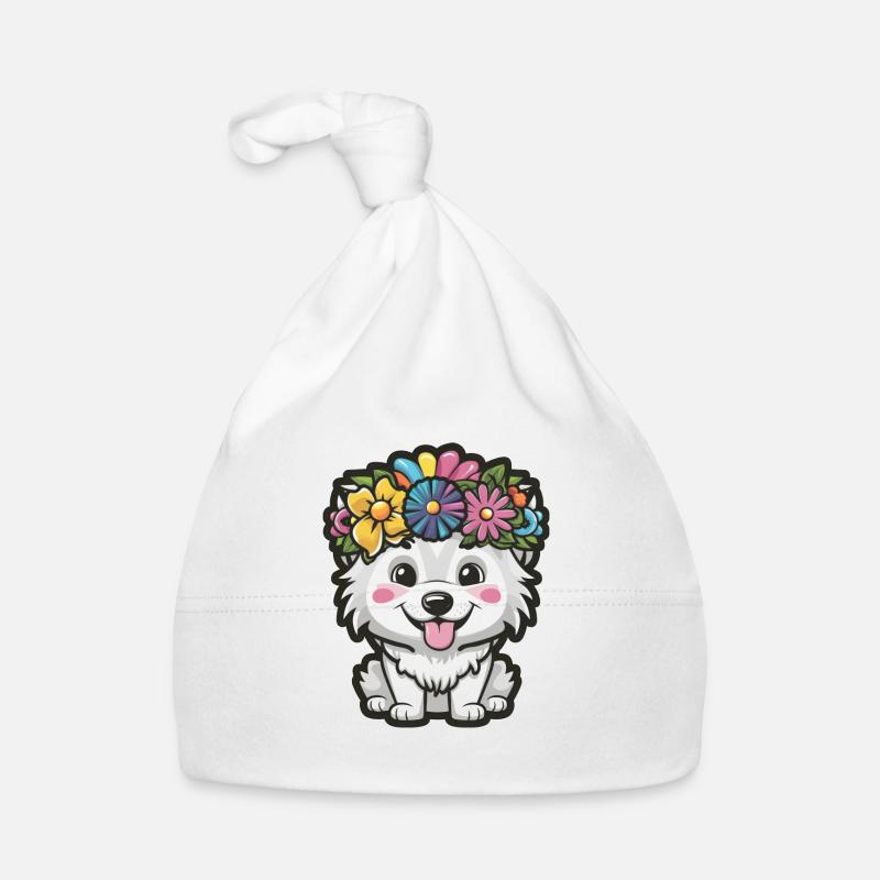 Samoyed Dog with Flower Crown Organic Baby Cap