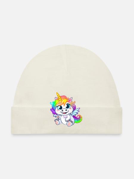 00264 flauschiges Einhorn Baby mit Regenbogenmähne - Baby Bio-Mütze - Weiß - Vorne