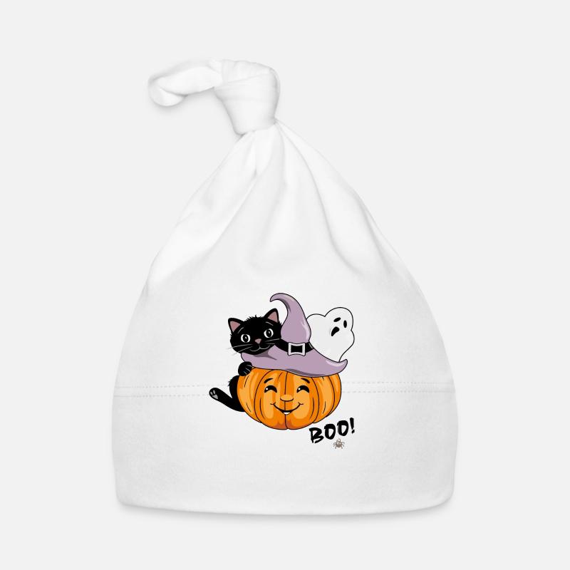 Smiling pumpkin with black cat and ghost Organic Baby Cap