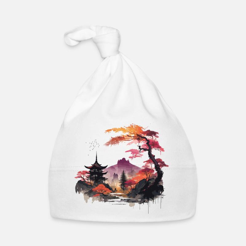 Paysage asiatique - Bonnet bio Bébé - blanc