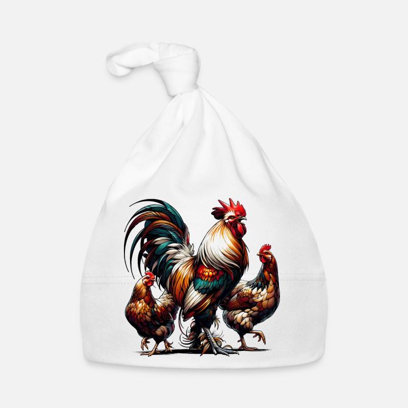 Magnifique coq coloré avec deux poules dans la cour - Bonnet bio Bébé - blanc