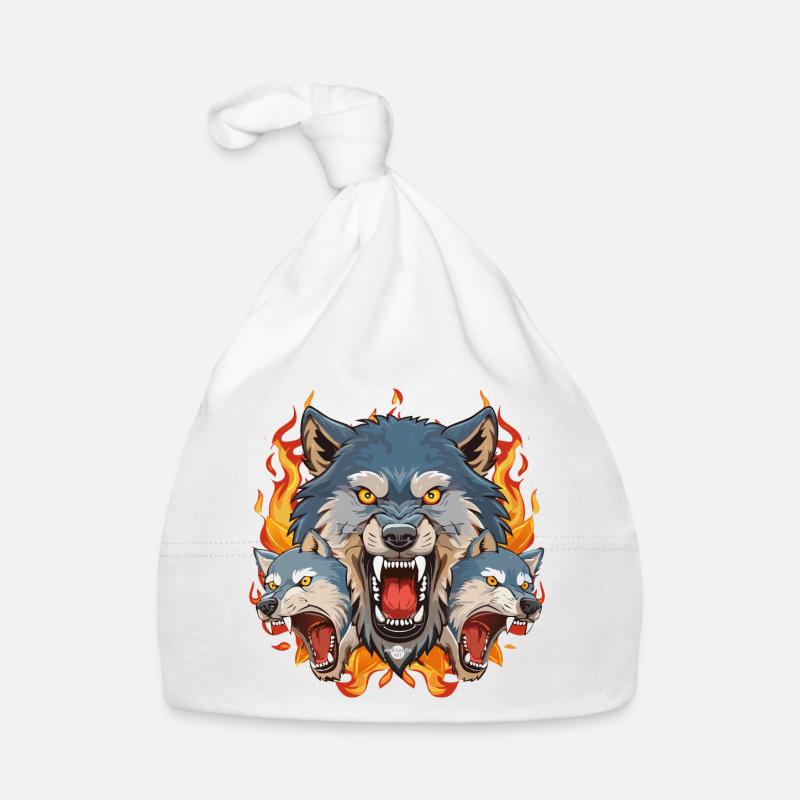 01 Bad Wolf Pack Wolves Head Fire Flames - Organic Baby Cap - white