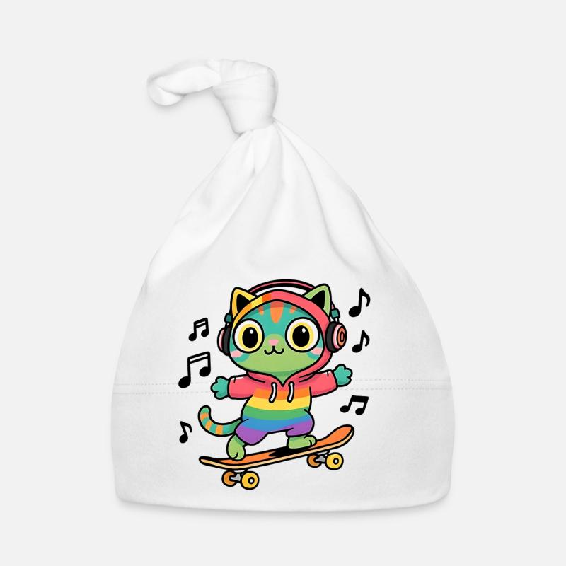 Chat arc en ciel sur skate - Bonnet bio Bébé - blanc