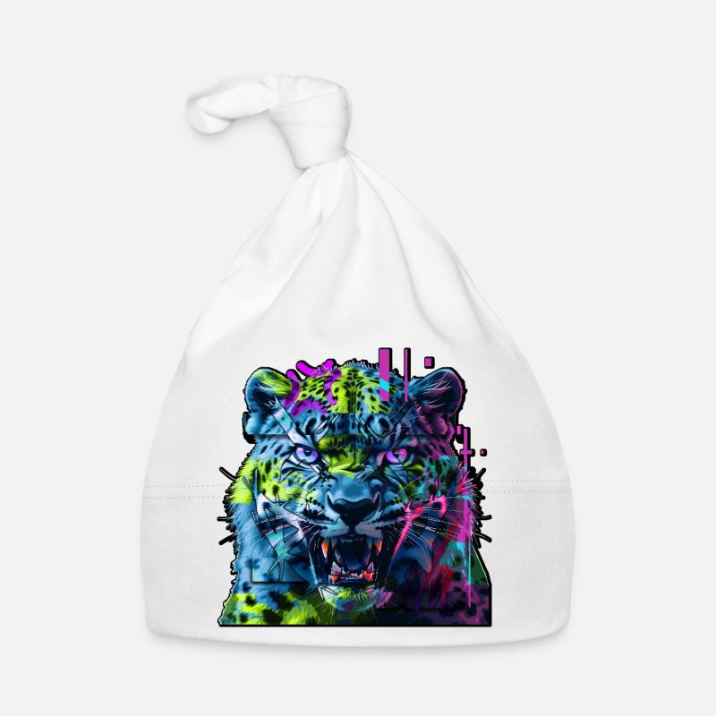 Techno Neon Leopard – Glitchcore Art Baby Bio-Mütze