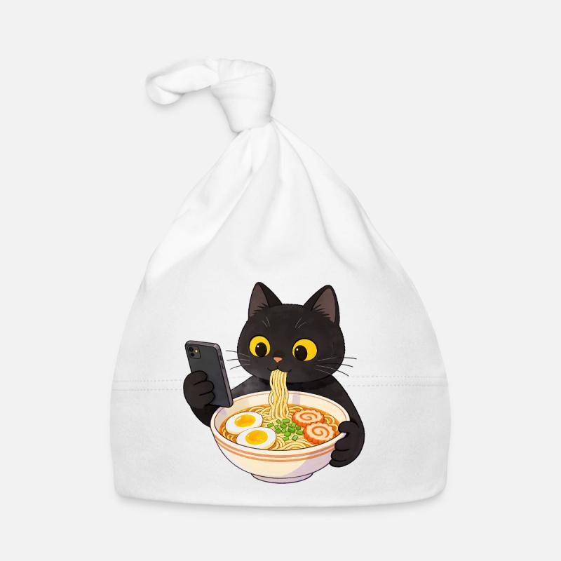 Schwarze Katze mit Smartphone und Ramen Nudeln Baby Bio-Mütze