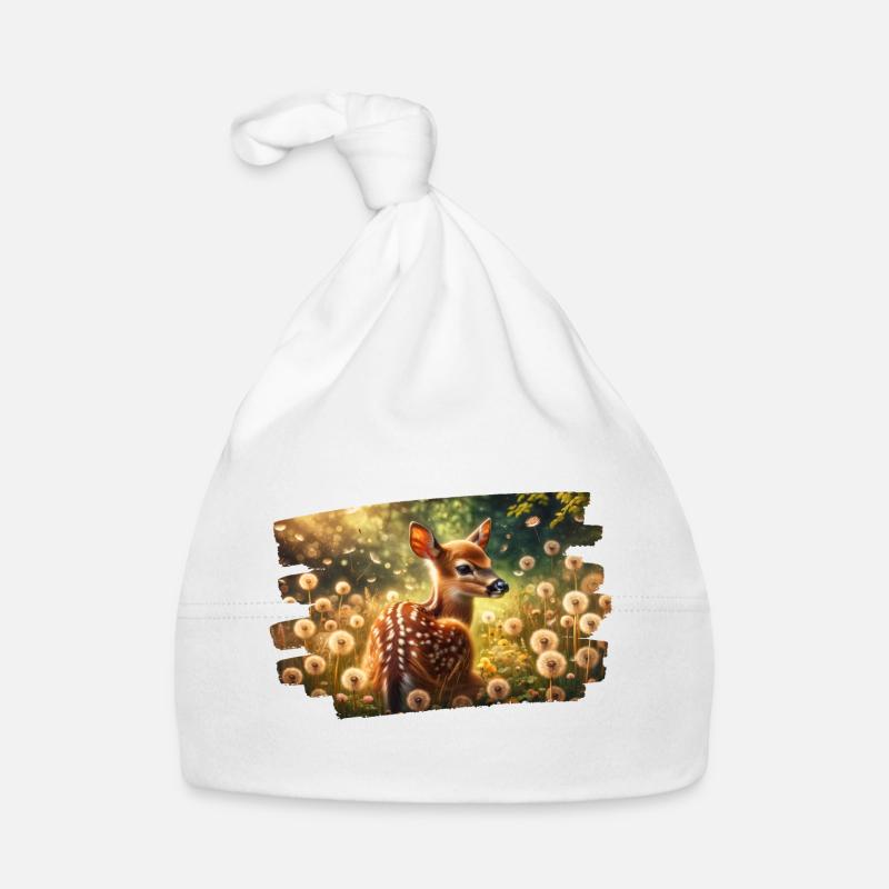 Cerf dans un pré de pissenlit doré - Bonnet bio Bébé - blanc