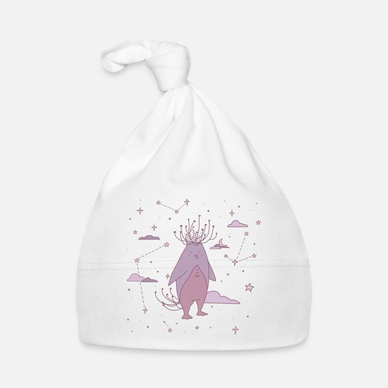Pingouin violet entre les étoiles - Bonnet bio Bébé - blanc