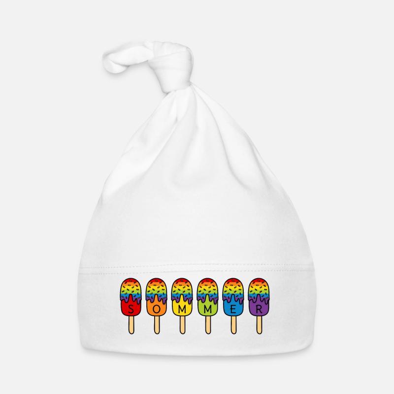 Eis essen - Regenbogen - bunt - Sommer - Eis - Baby Bio-Mütze - Weiß