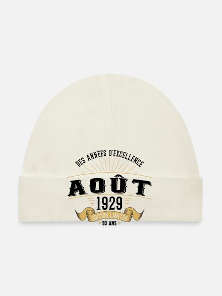 93 Ans Anniversaire Vintage Né(e) en Août 1929 - Bonnet bio Bébé - blanc - Devant
