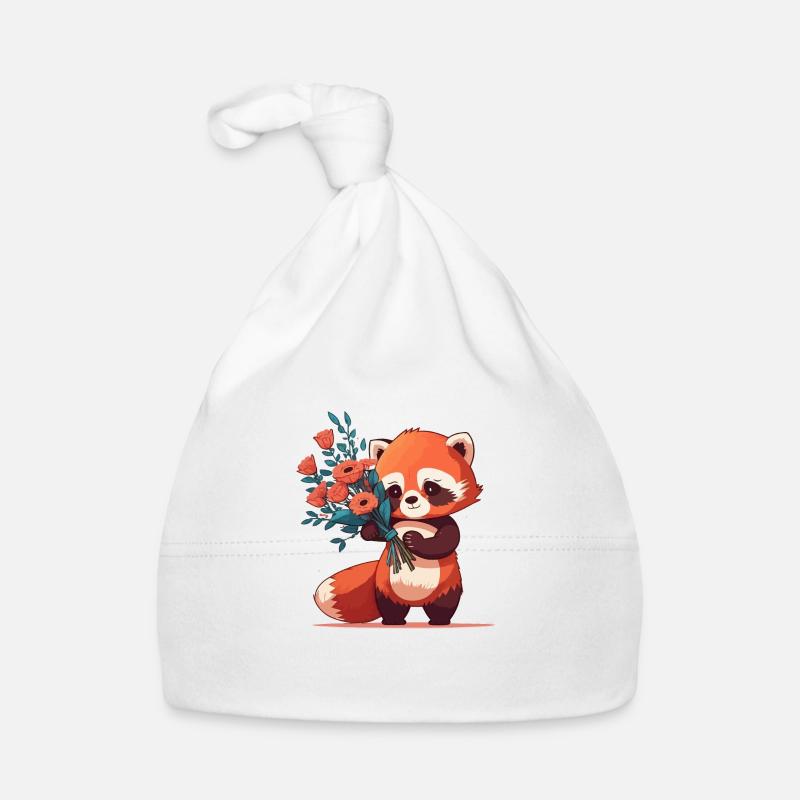 Panda roux à fleurs - Bonnet bio Bébé - blanc