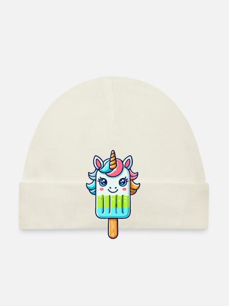 Ein Eis am Stil in Form eines bunten Einhorns - Baby Bio-Mütze - Weiß - Vorne