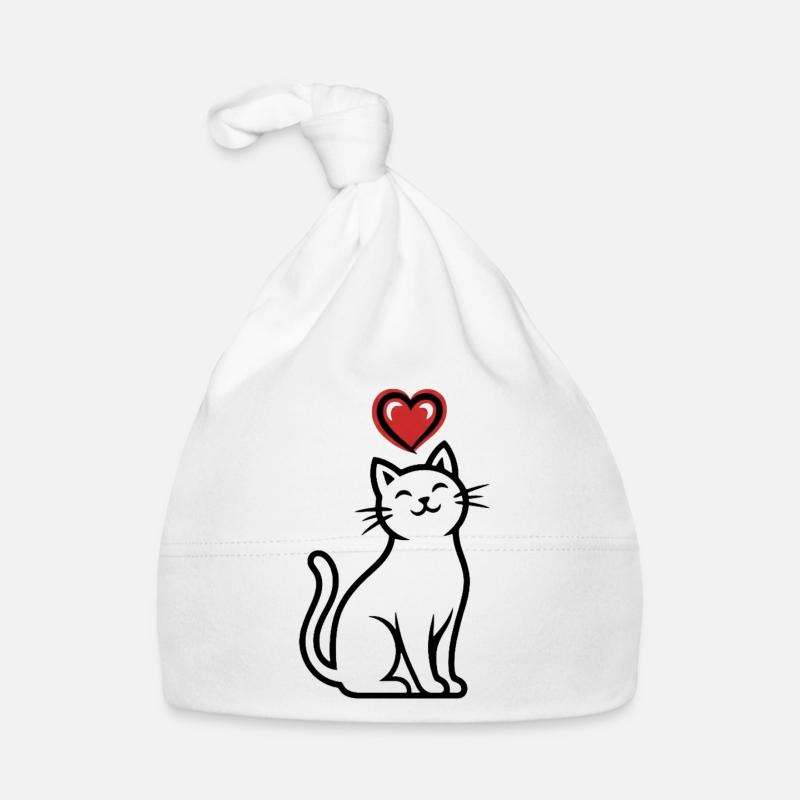 Dessin au trait de chat en forme de cœur - Bonnet bio Bébé - blanc