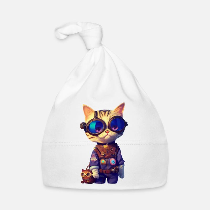 Chat aviateur - Bonnet bio Bébé - blanc