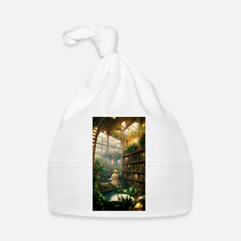 Bibliothèque secrète de jardin à l’intérieur d’une serre - Bonnet bio Bébé - blanc