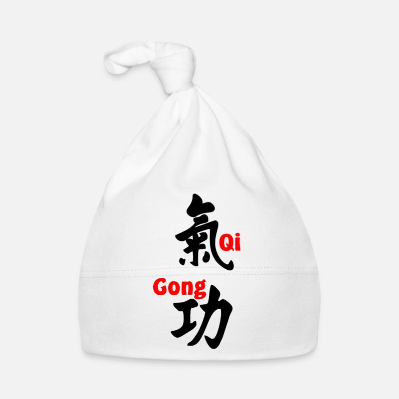 QI gong script avec texte en rouge vertical - Bonnet bio Bébé - blanc