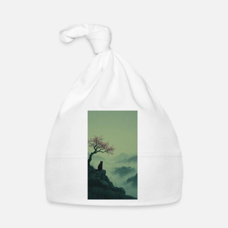 Black Cat at Sakura Tree – Asian Zen Design Organic Baby Cap