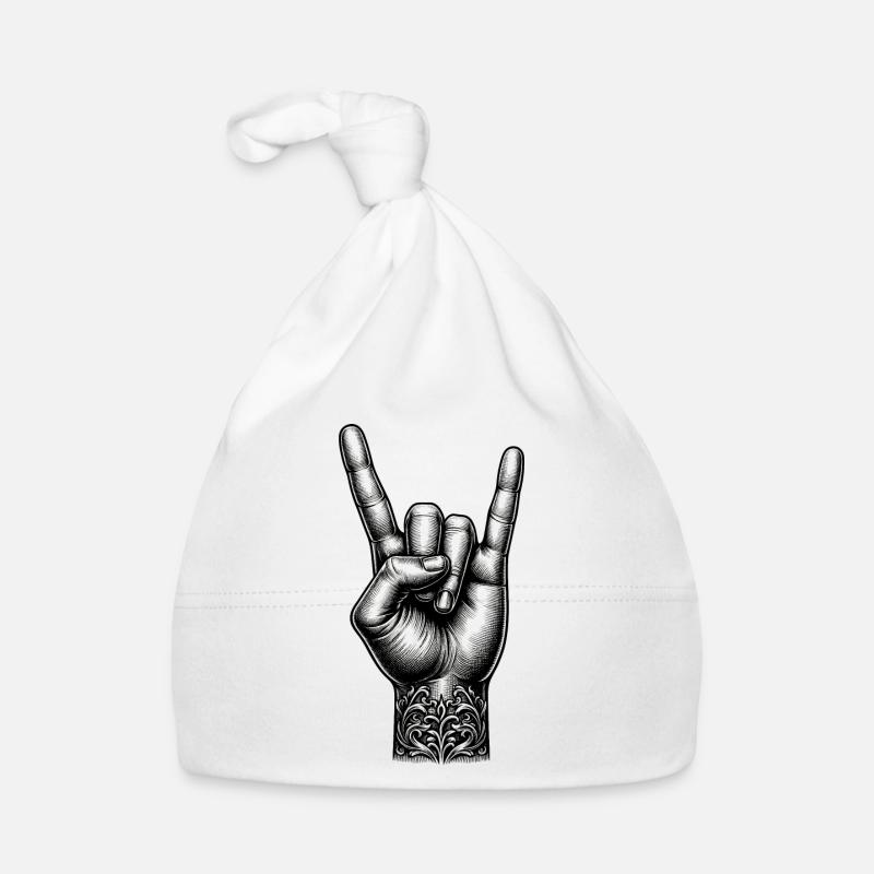 Rock on Hand with Devils Horns - Organic Baby Cap - white