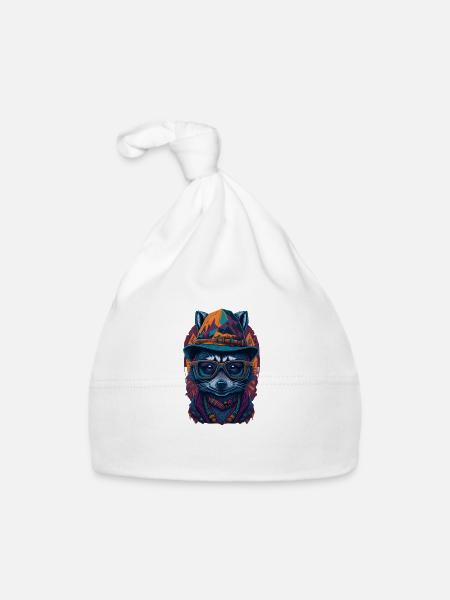 Mignon raton laveur avec chapeau et drôles de lunettes - Bonnet bio Bébé - blanc - Devant