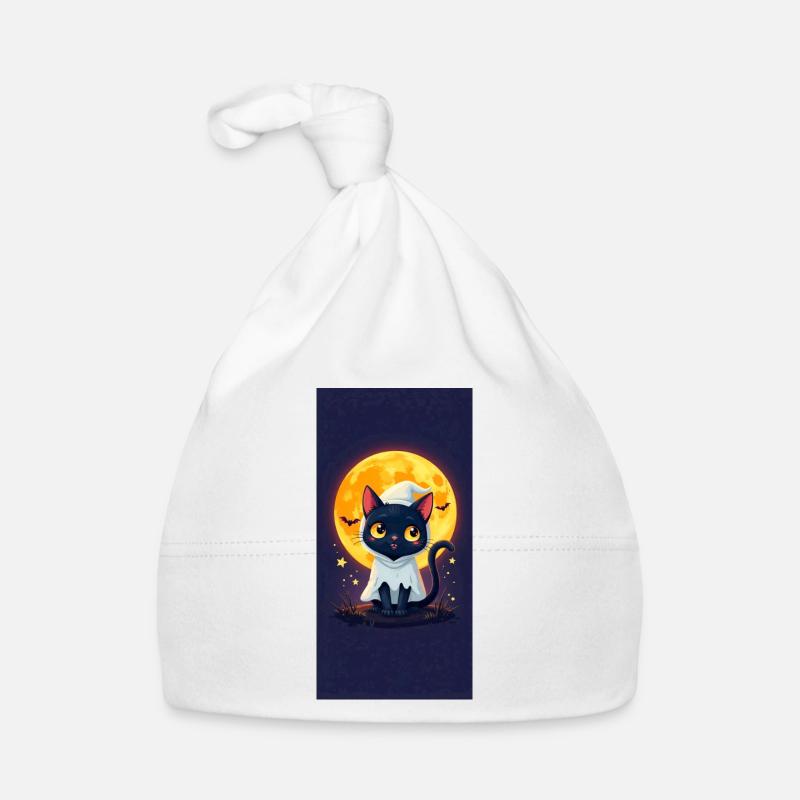 Moonlight Cat in Ghost Cloak - Organic Baby Cap - white