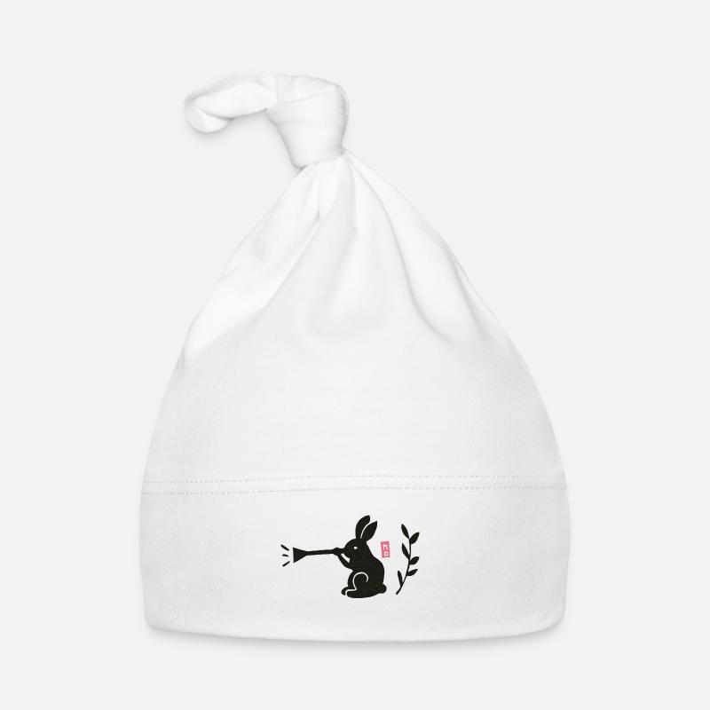 Lapin jouant de la trompette - linogravure - Bonnet bio Bébé - blanc