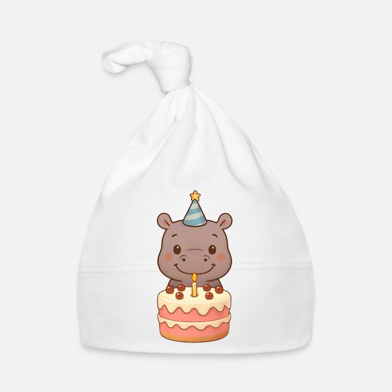 Kleiner Hippo mit Geburtstagstorte Baby Bio-Mütze