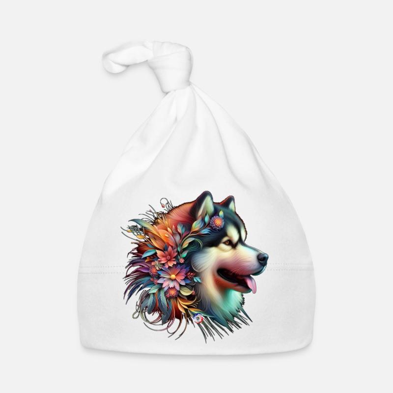 Tête de malamute floral - Bonnet bio Bébé - blanc