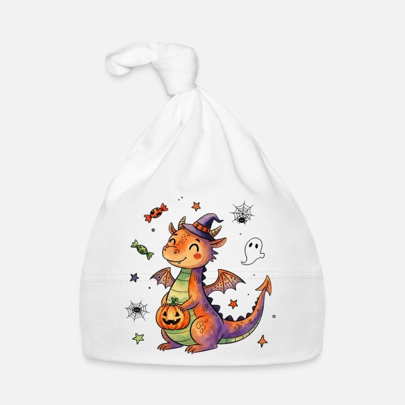 Dragon d’Halloween amical avec citrouille - Bonnet bio Bébé - blanc