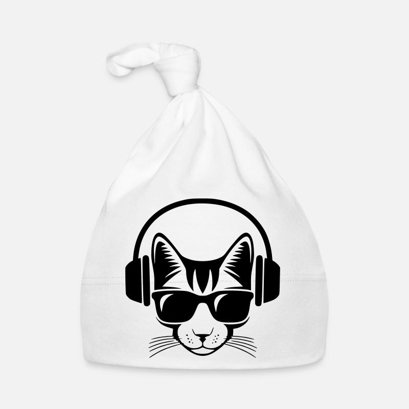 chat casque de musique et lunette de soleil - Bonnet bio Bébé - blanc