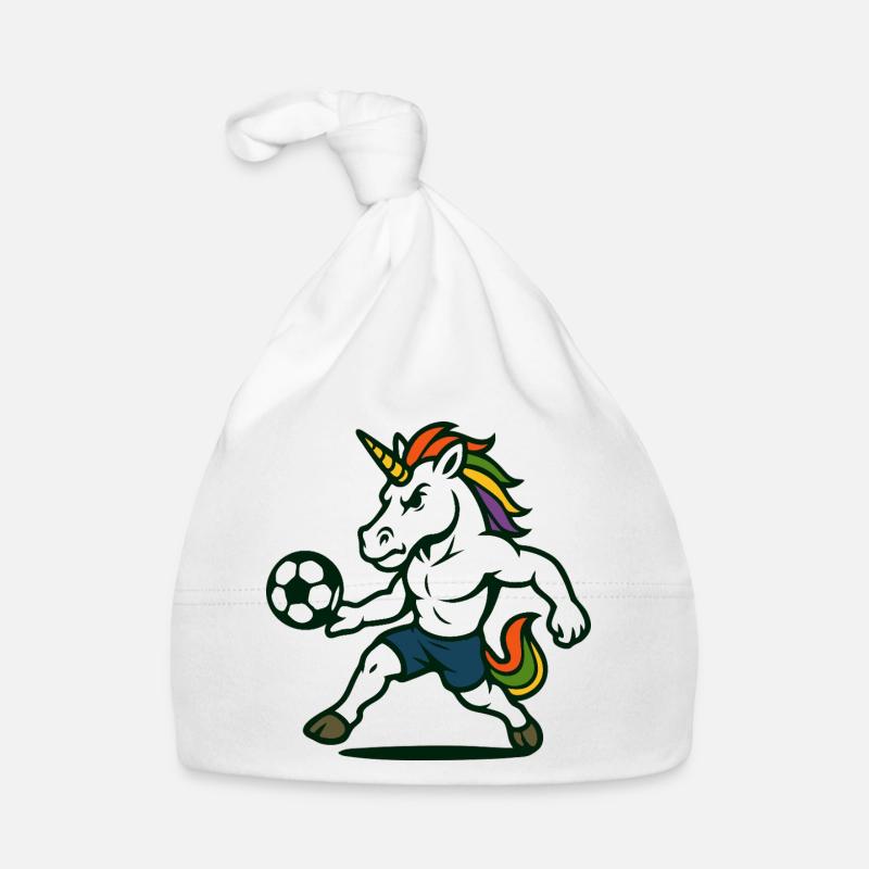 Einhorn-Fußball-Maskottchen bereitet sich auf den Kick vor Baby Bio-Mütze