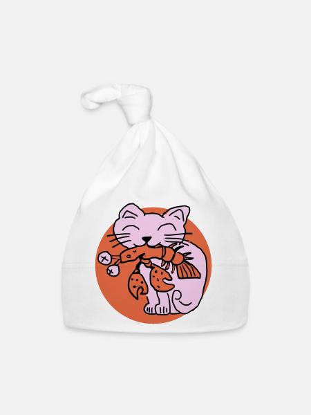 Katze frisst Krebs auf - Baby Bio-Mütze - Weiß - Vorne