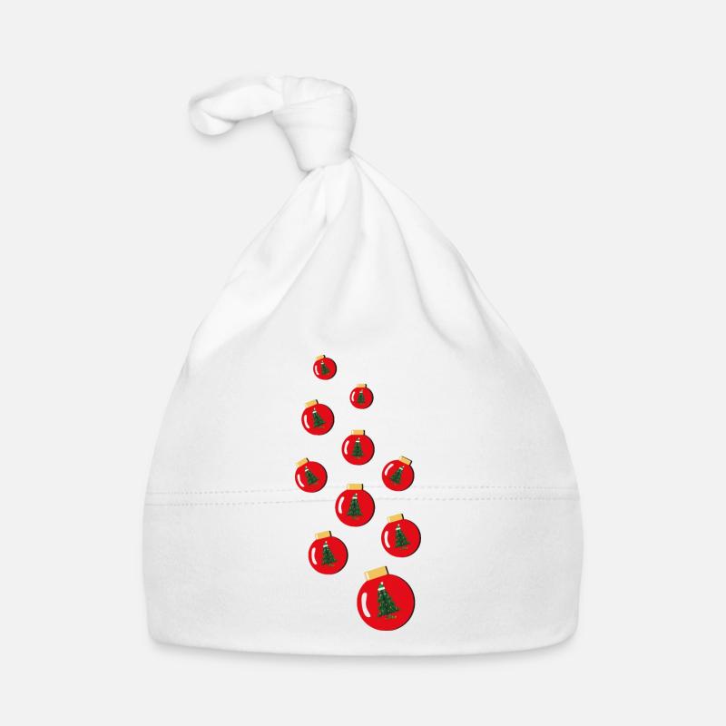 Wilde Weihnachtskugeln mit Weihnachtsbäumen. Baby Bio-Mütze
