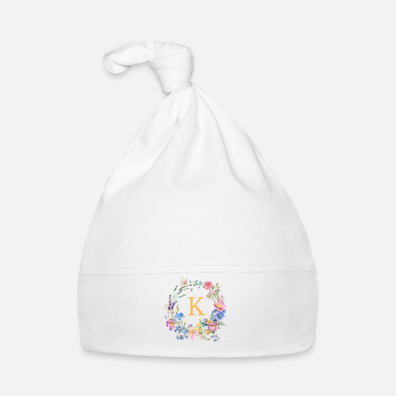 K Monogram Floral, Couronne de fleurs, personnalisable Bonnet bio Bébé