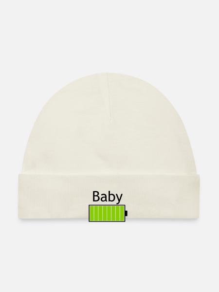 Akku voll Baby - Partnerlook Design für Familien - Baby Bio-Mütze - Weiß - Vorne