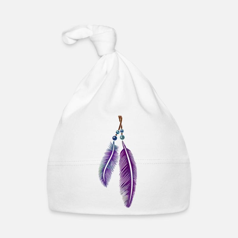 Plumes sur un ruban avec des perles. aquarelle. Bonnet bio Bébé