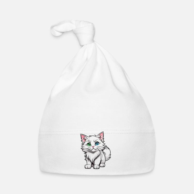 Chat blanc mignon avec des yeux différents - Bonnet bio Bébé - blanc