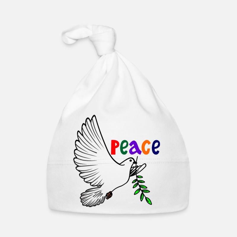 Friedenstaube weiß mit Lorbeerzweig Text Englisch FRIEDEN Baby Bio-Mütze