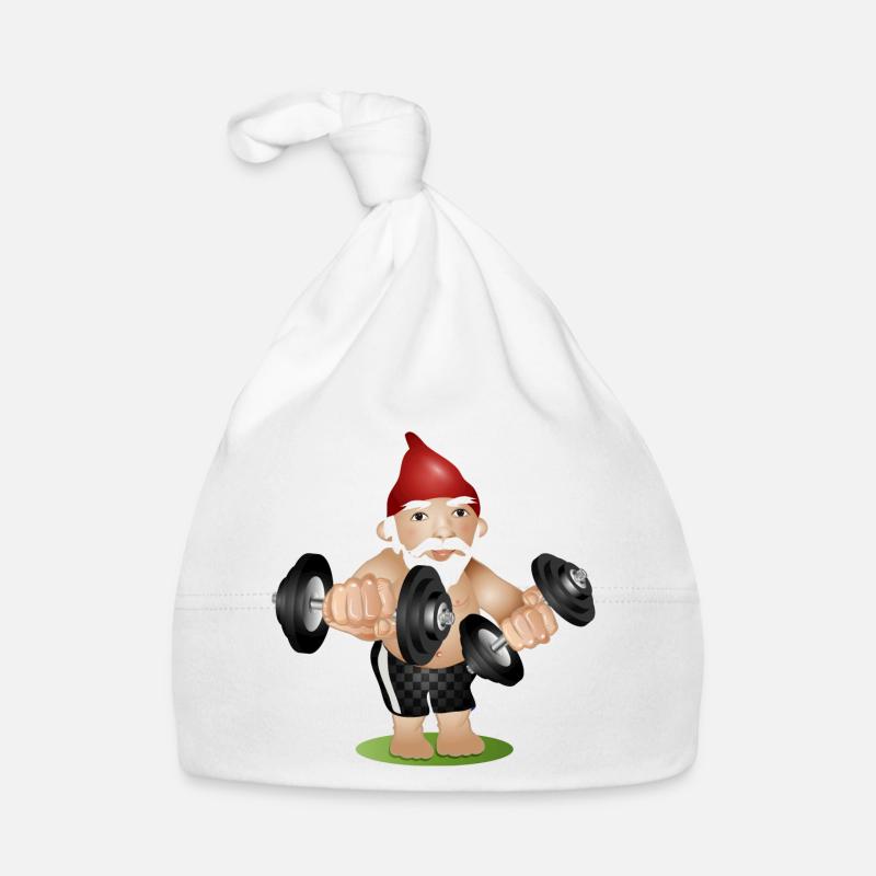 Bodybuilder Gartenzwerg mit Hanteln beim Training Baby Bio-Mütze