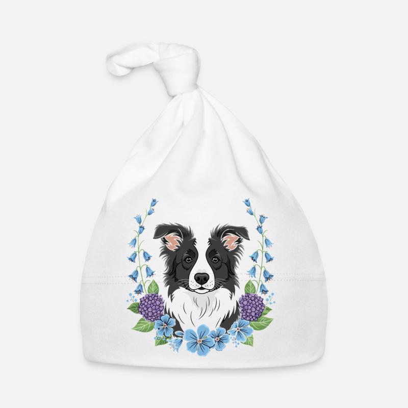 Border Collie mignon avec cadre floral - Bonnet bio Bébé - blanc